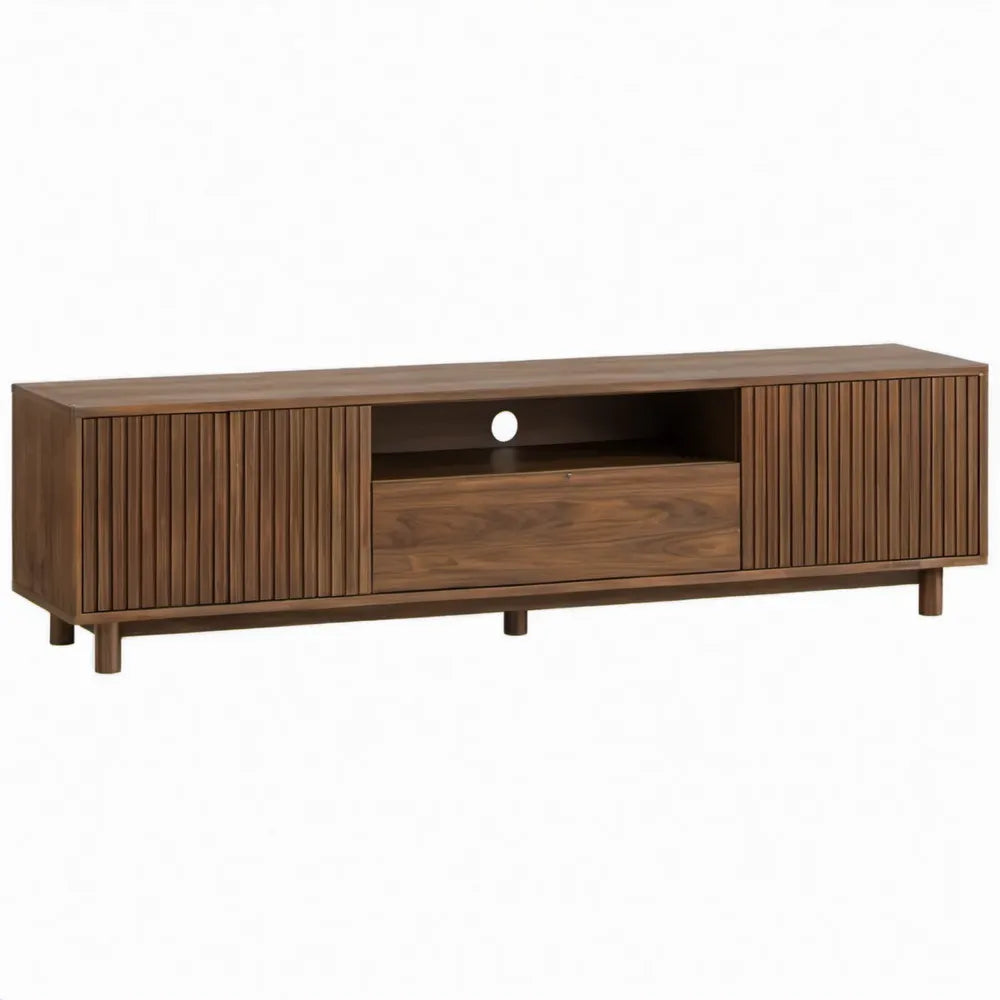 Tv-meubel met 2 geribbelde deuren, lade en open vak, 180 x 40 x 55 cm, Walnootbruin