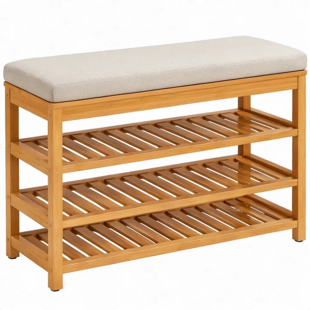 Schoenenbank van bamboe met 3 legplanken en beige zitkussen, 90 x 30 x 45 cm