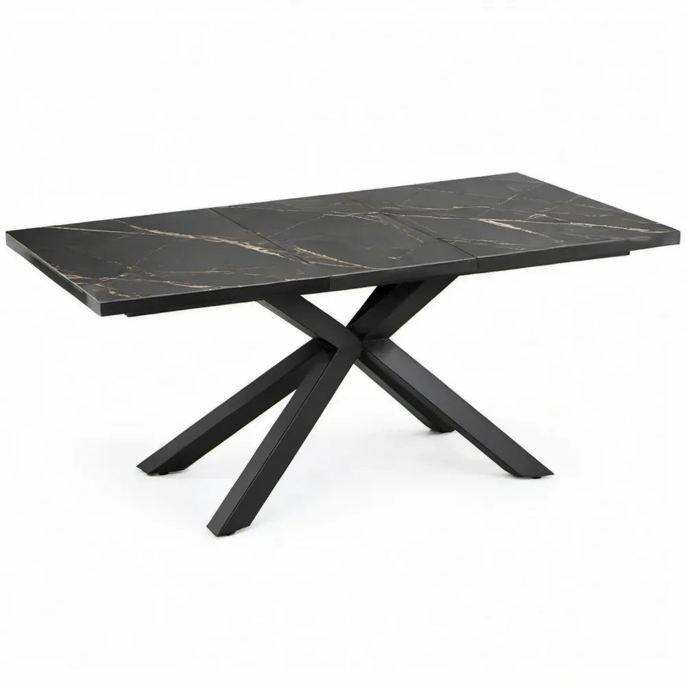 Uitschuifbare eettafel 160-200 x 90 x 76 cm met zwart keramisch blad en stalen kruispoot