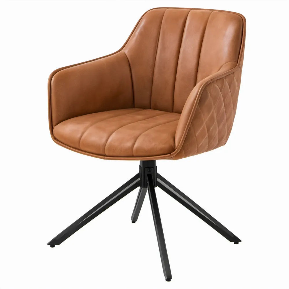 Draaibare stoel met armleuningen van cognackleurig PU-kunstleer, 60 x 61 x 86 cm, zwart stalen onderstel