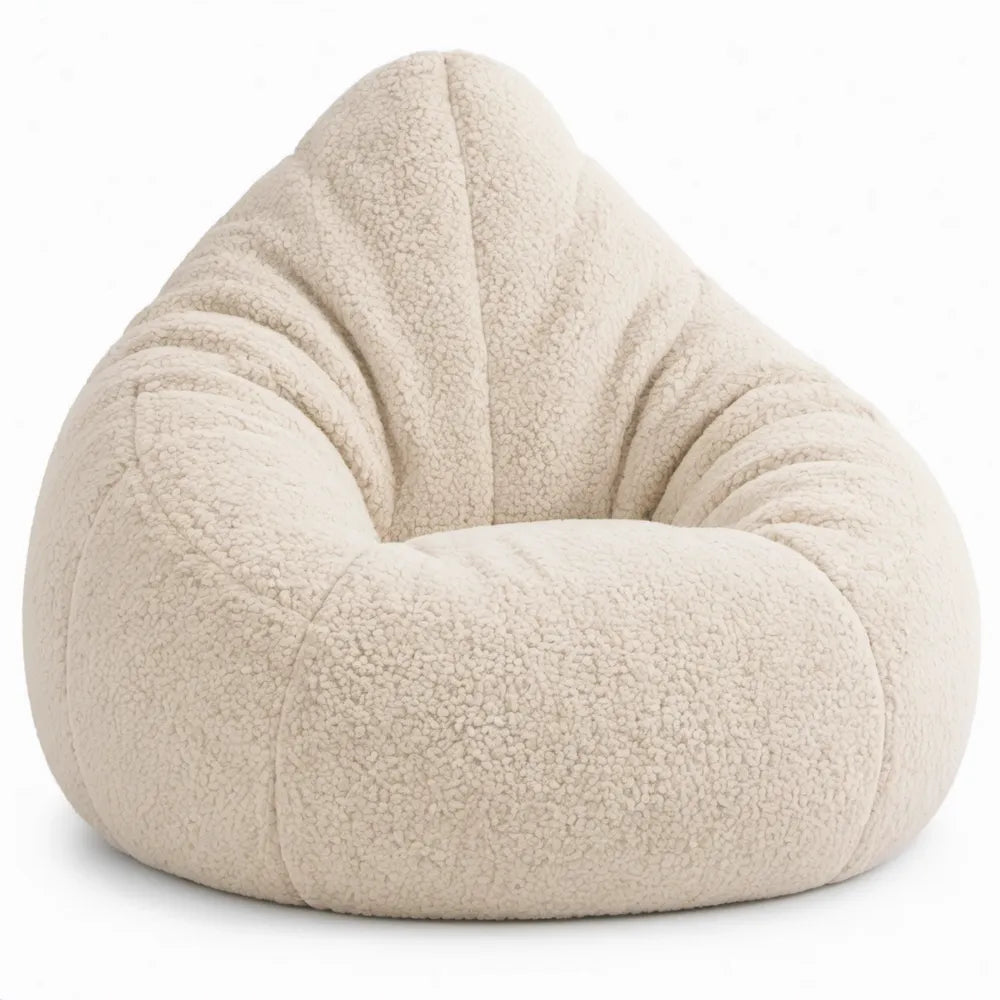 Crèmekleurige peervormige bouclé-zitzak met rugleuning – 90 x 90 x 80 cm