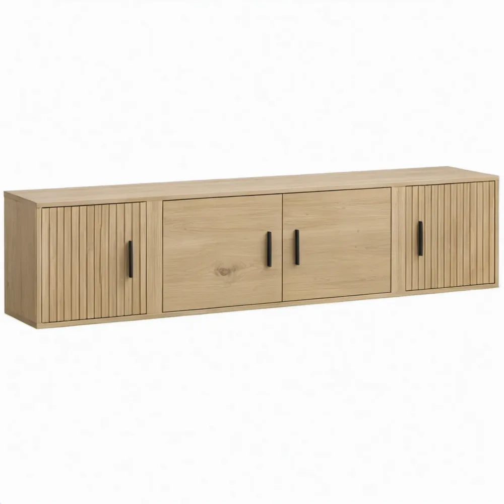 TV-meubel met 4 deuren, 180 x 40 x 45 cm, naturel eiken met zwarte handgrepen