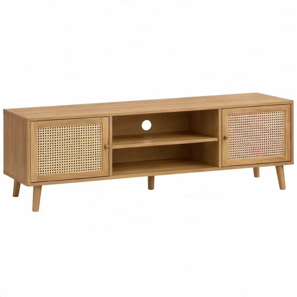 Tv-meubel met 2 rotandeuren en open vakken, naturel, 160 x 40 x 55 cm