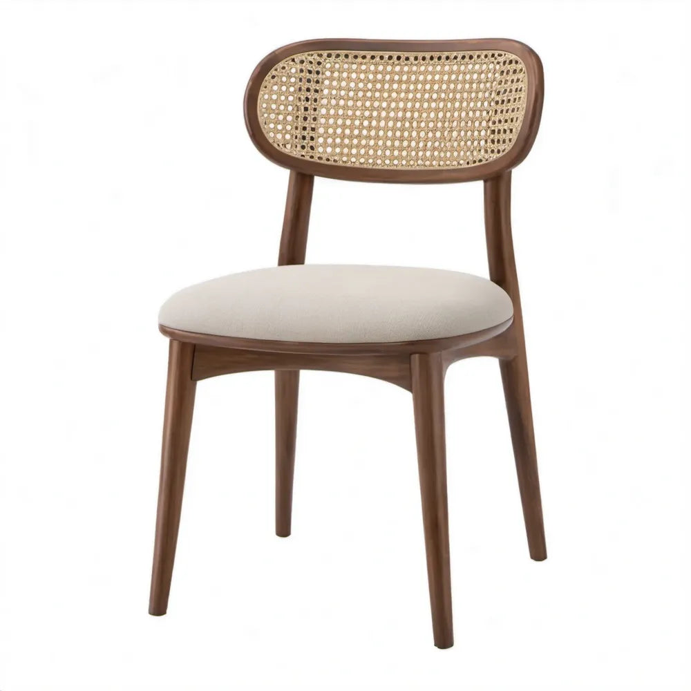 Eetkamerstoel met rotan rugleuning en gestoffeerde zitting, 46 x 54 x 82 cm, bruin/beige/naturel