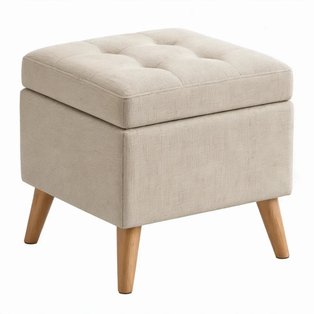 Vierkante gestoffeerde voetenbank 45 x 45 x 45 cm, beige polyester met naturel rubberhouten poten