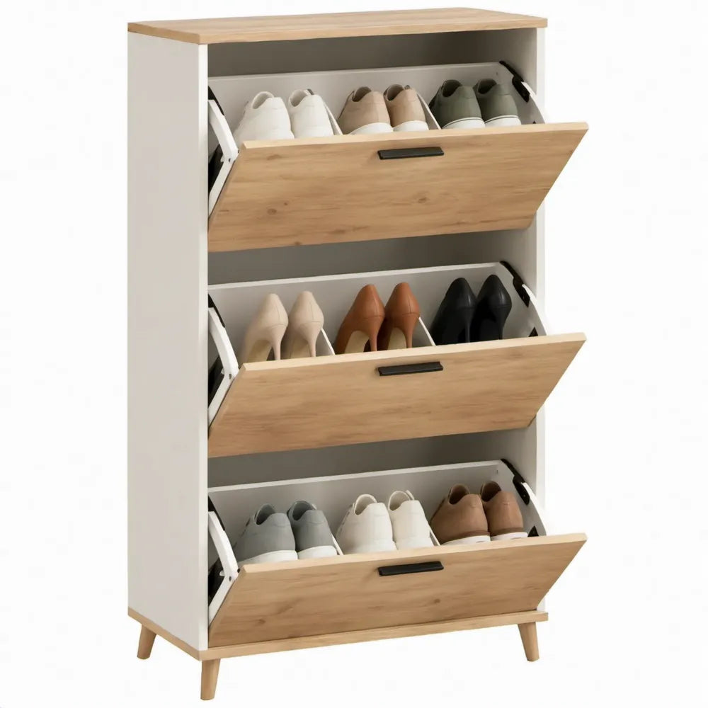 Schoenenkast met 3 kanteldeuren, 80 x 30 x 120 cm, wit en eikenkleurig