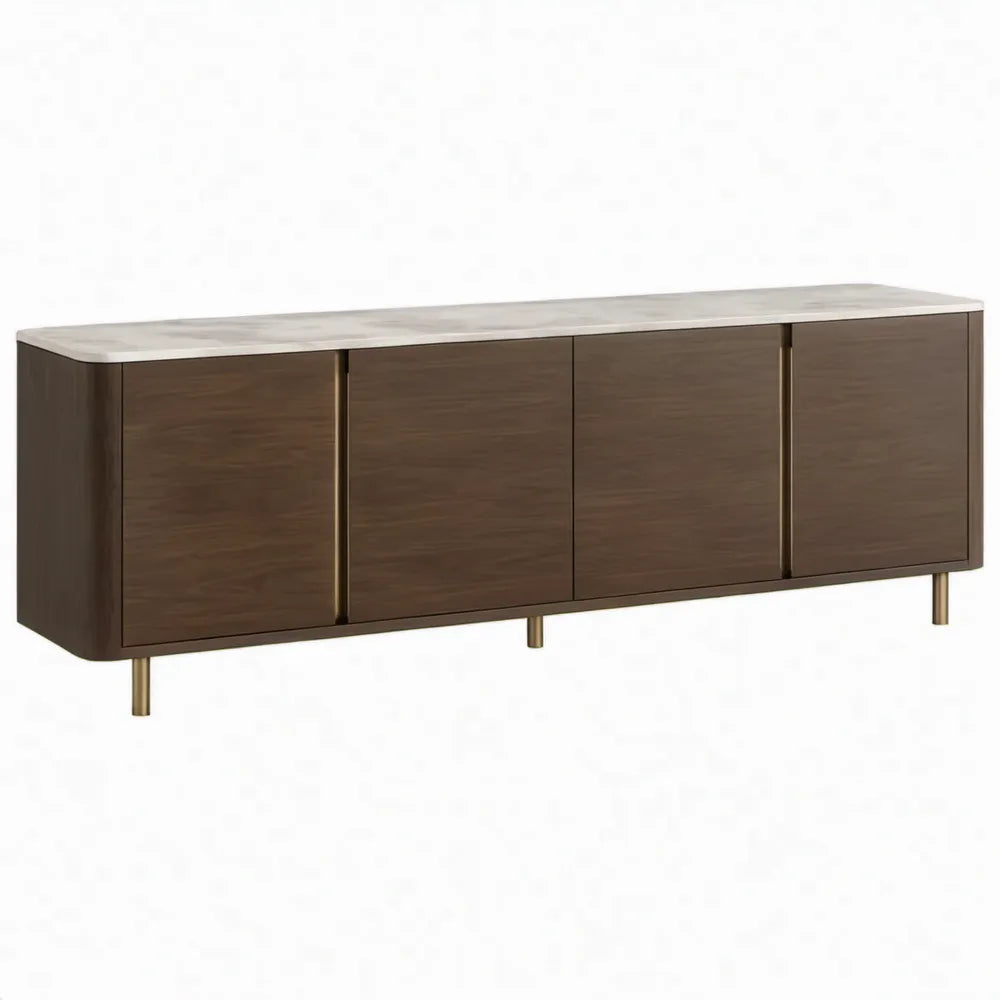 TV-meubel met 4 deuren, 200 x 45 x 55 cm, donkerbruin walnootdecor met blad van gesinterde steen