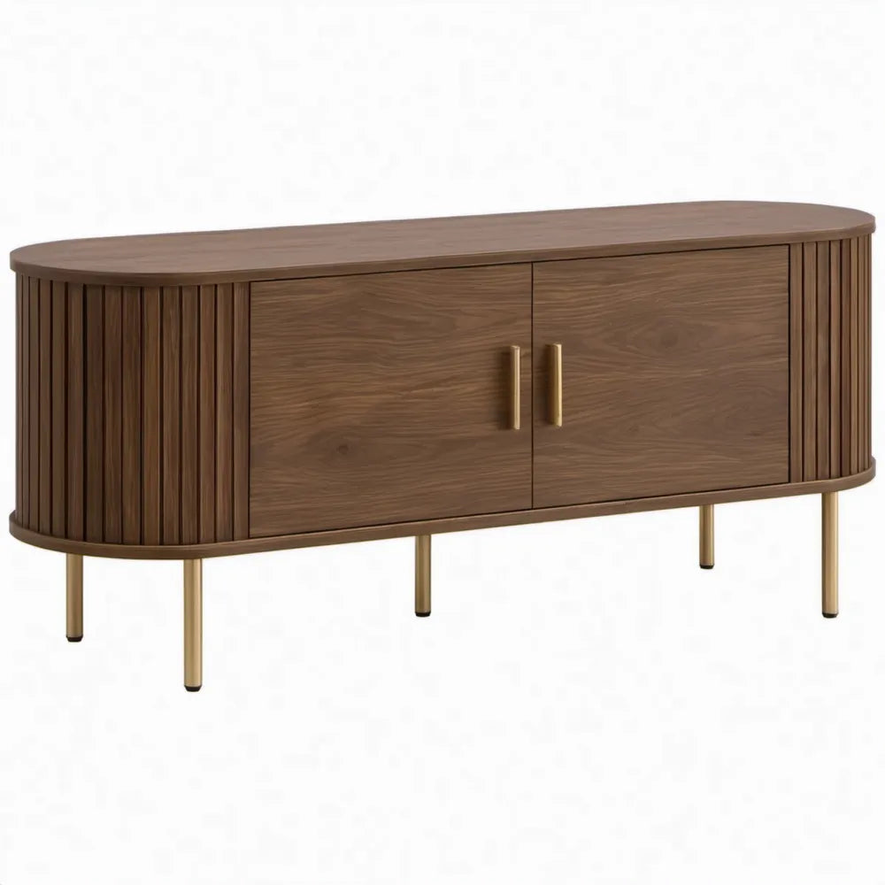 Ovaal tv-meubel met 2 deuren, 160 x 40 x 60 cm, walnootbruin met goudkleurige poten
