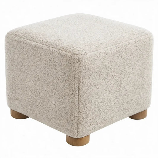 Vierkante voetenbank 40 x 40 x 40 cm in crèmekleurige bouclé met naturelbruine houten poten