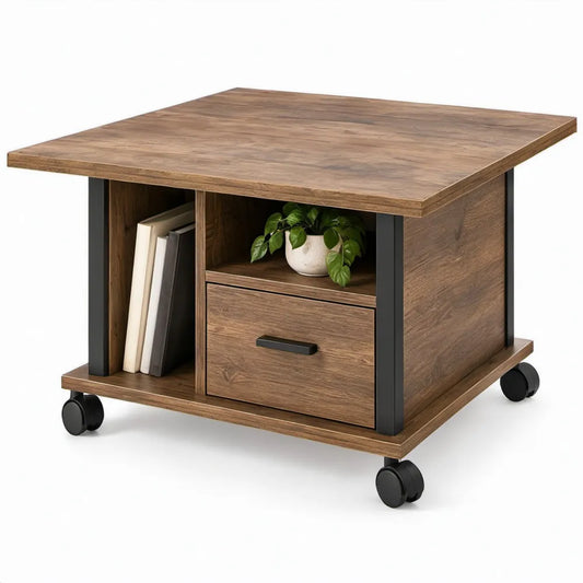 Verrijdbare bijzettafel donkerbruin en zwart met lade en opbergvakken, 80 x 50 x 55 cm