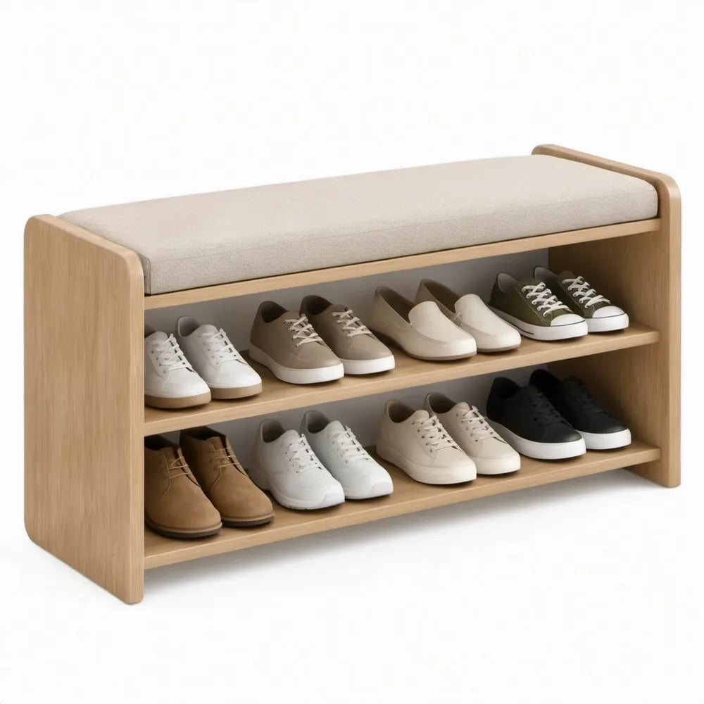 Eikenkleurige schoenenbank met beige zitkussen en 2 planken, 100 x 30 x 50 cm