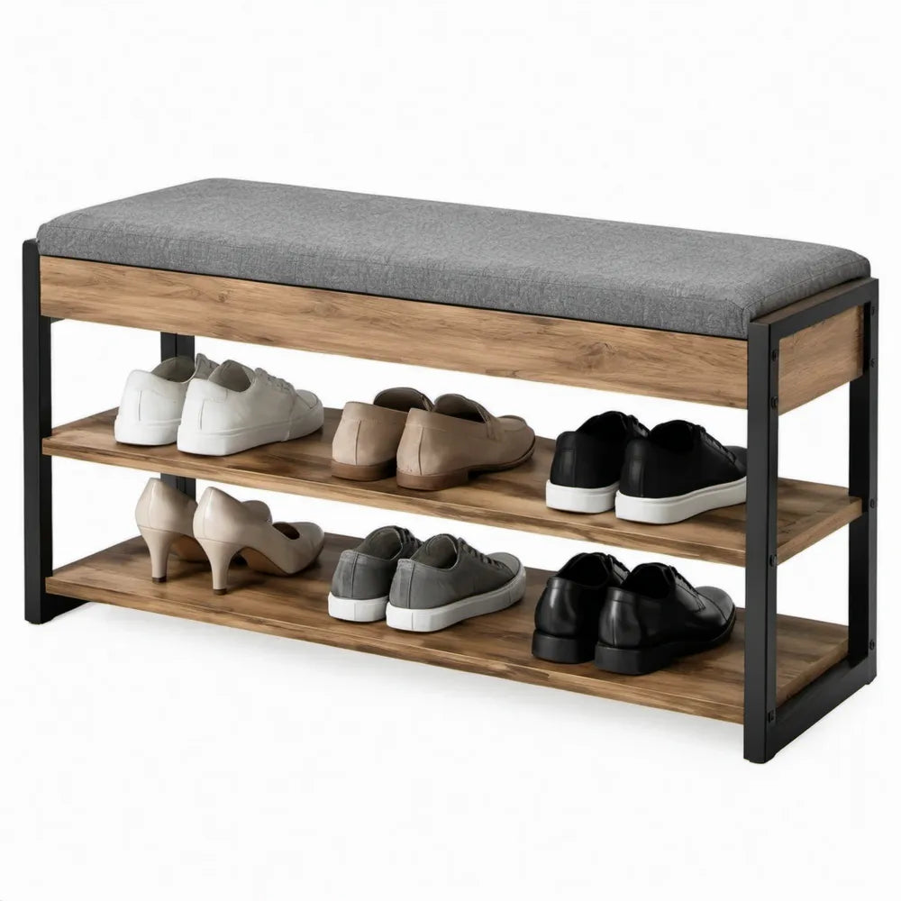 Schoenenbank met zitkussen en 2 planken, 100 x 30 x 48 cm, grijs/eikenkleur/zwart