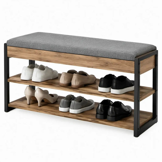 Schoenenbank met zitkussen en 2 planken, 100 x 30 x 48 cm, grijs/eikenkleur/zwart