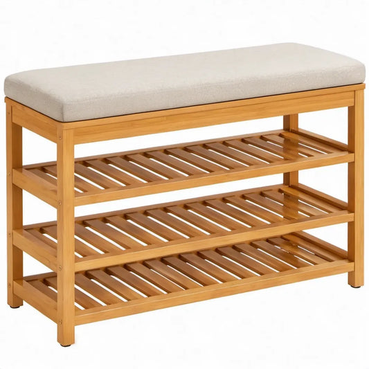 Schoenenbank van bamboe met 3 legplanken en beige zitkussen, 90 x 30 x 45 cm