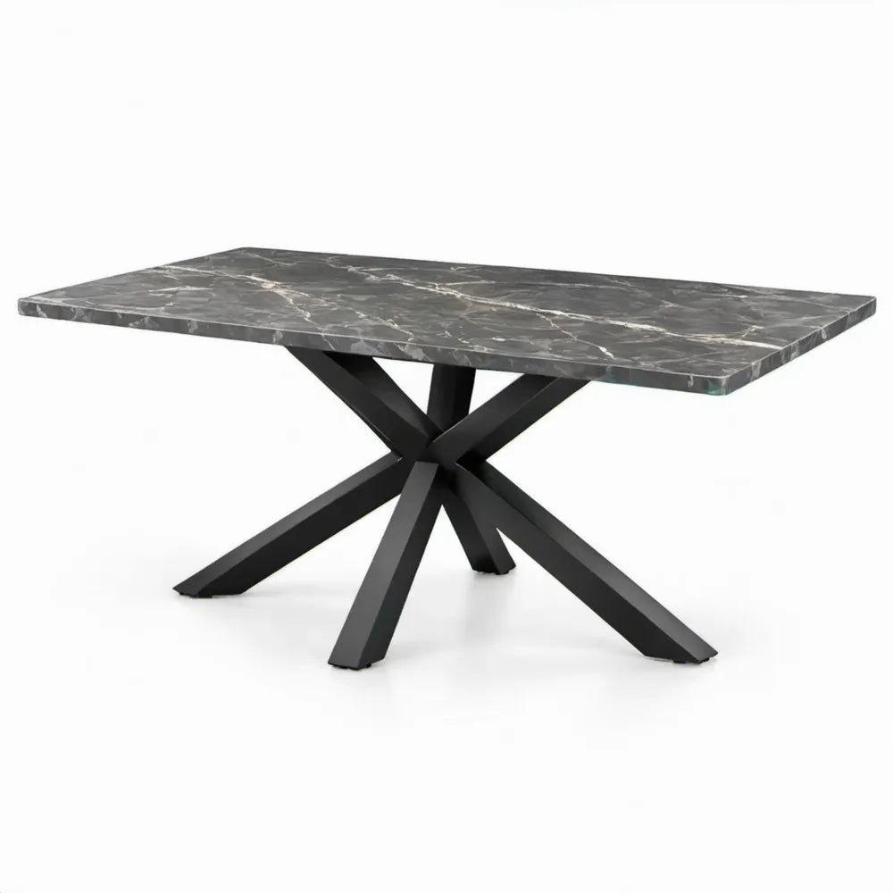 Rechthoekige eettafel 180 x 90 x 75 cm in zwart en grijs gesinterd steen met stalen kruisframe