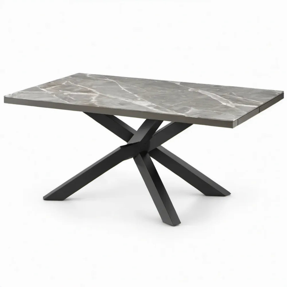 Rechthoekige eettafel 180 x 90 x 75 cm met grijs marmerlook blad van gesinterde steen en zwart stalen kruispootonderstel