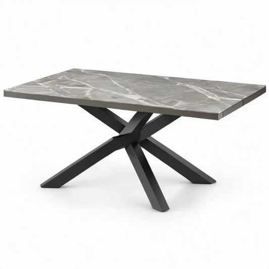 Rechthoekige eettafel 180 x 90 x 75 cm met grijs marmerlook blad van gesinterde steen en zwart stalen kruispootonderstel