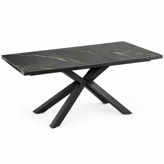 Uitschuifbare eettafel 160-200 x 90 x 76 cm met zwart keramisch blad en stalen kruispoot
