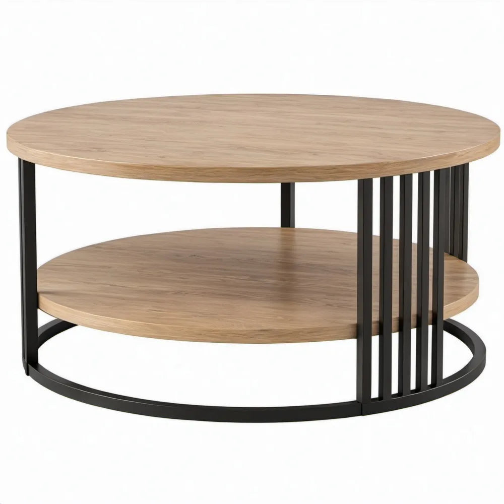 Ronde salontafel Ø 80 x H 45 cm met opbergplank in naturel eikenlook en zwart