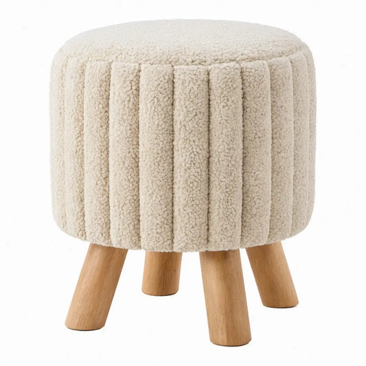 Ronde bouclé voetenbank op houten poten, crèmekleurig/naturel, Ø 40 x H 45 cm