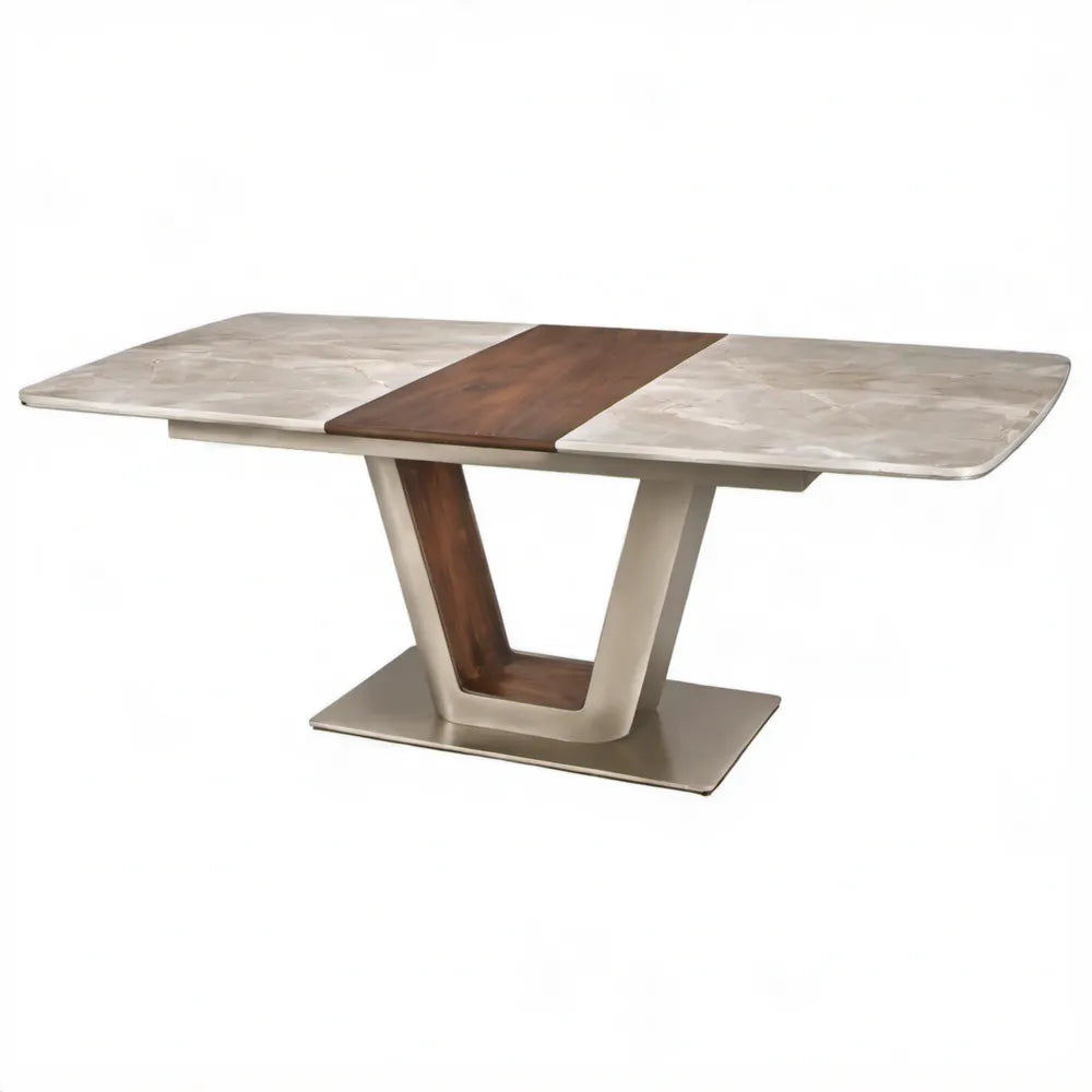 Rechthoekige eettafel 160 x 90 x 75 cm grijs, bruin en champagnekleurig met gesinterd stenen blad