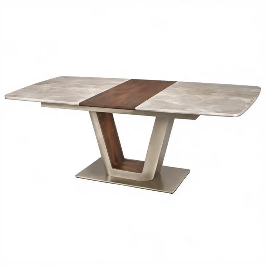 Rechthoekige eettafel 160 x 90 x 75 cm grijs, bruin en champagnekleurig met gesinterd stenen blad