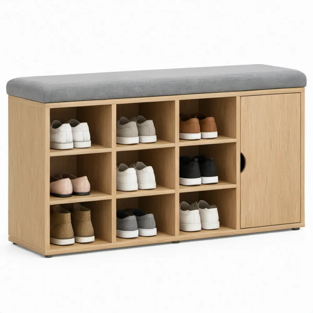 Schoenenkast met zitkussen, 100 x 35 x 50 cm, licht eiken en grijs