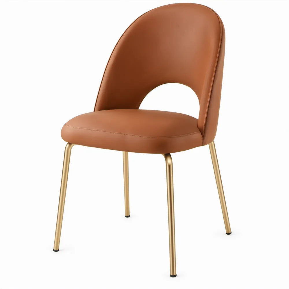 Bruine PU-kunstleren eetkamerstoel met goudkleurige stalen poten, 50 x 55 x 78 cm