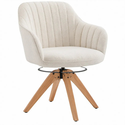 Draaibare eetkamerstoel met armleuningen, bouclé bekleding, 63 x 60 x 84 cm, crème