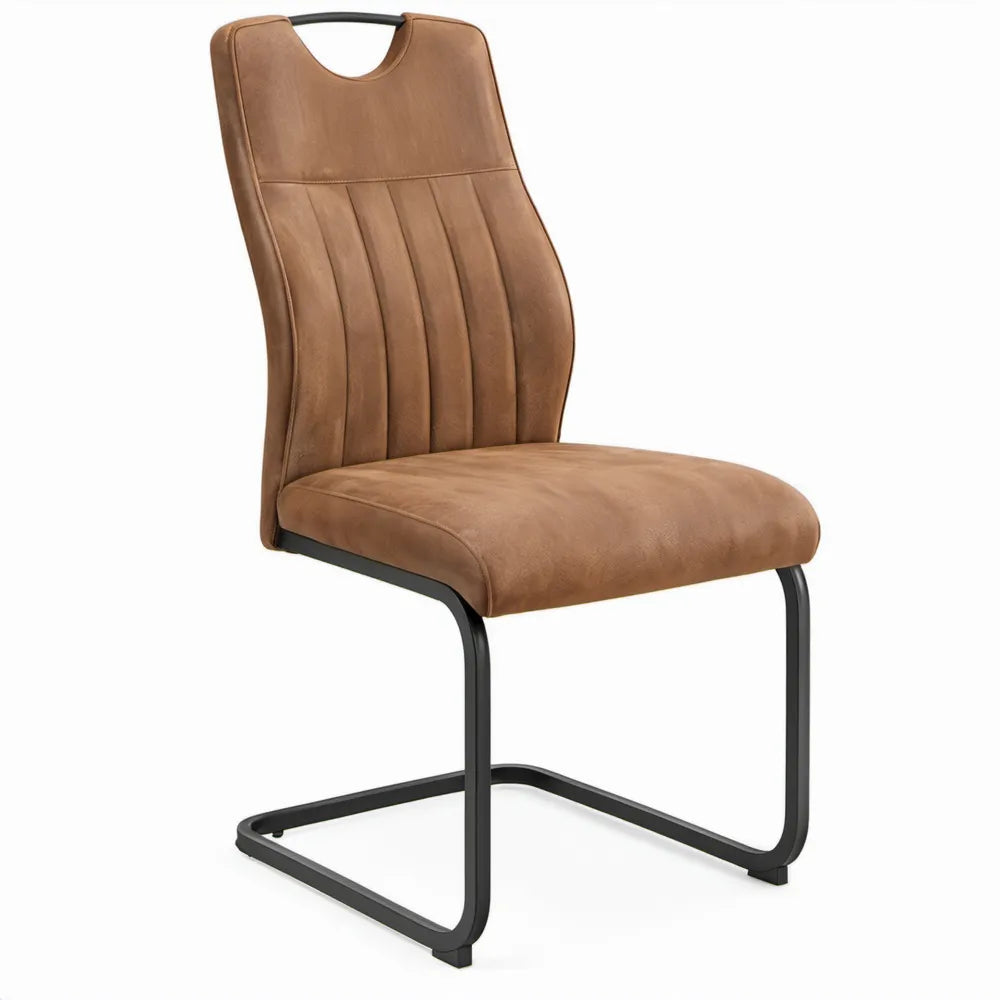 Cognacbruine stoel van PU-kunstleer met zwart stalen frame, 45 x 61 x 99 cm