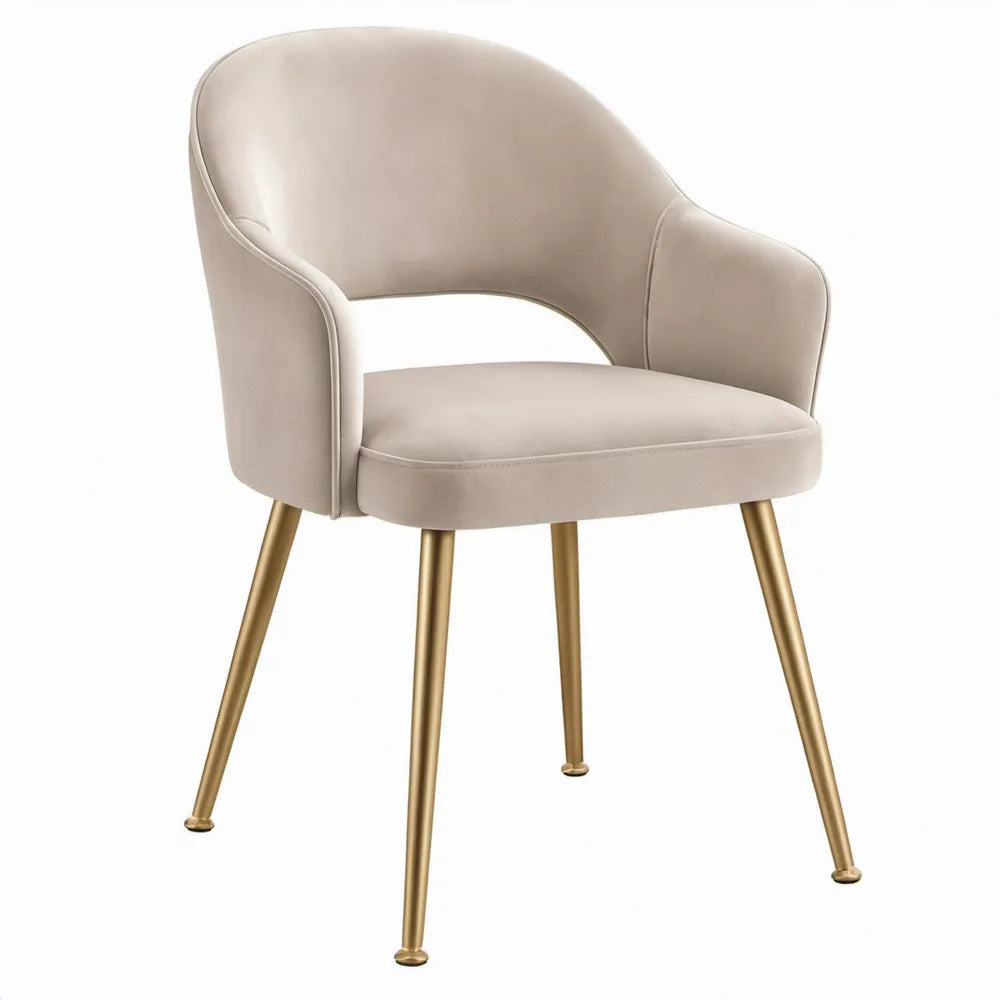 Eetkamerstoel met armleuningen 58 x 60 x 82 cm, beige fluweel met goudkleurig stalen onderstel