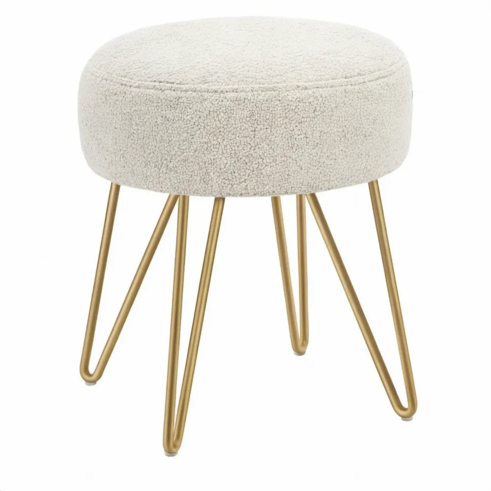 Ronde poef Ø40 x 45 cm van crèmekleurige bouclé met goudkleurige stalen poten