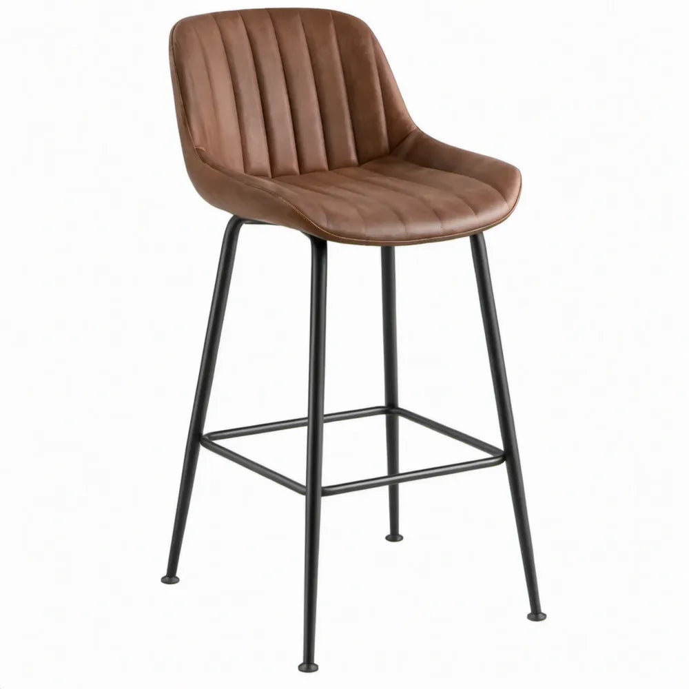 Bruine barkruk met rugleuning en zwart stalen onderstel, 50 x 55 x 97 cm
