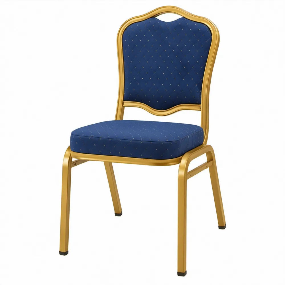 Klassieke eetkamerstoel met blauwe polyester bekleding en goudkleurig stalen frame, 44 x 50 x 92 cm