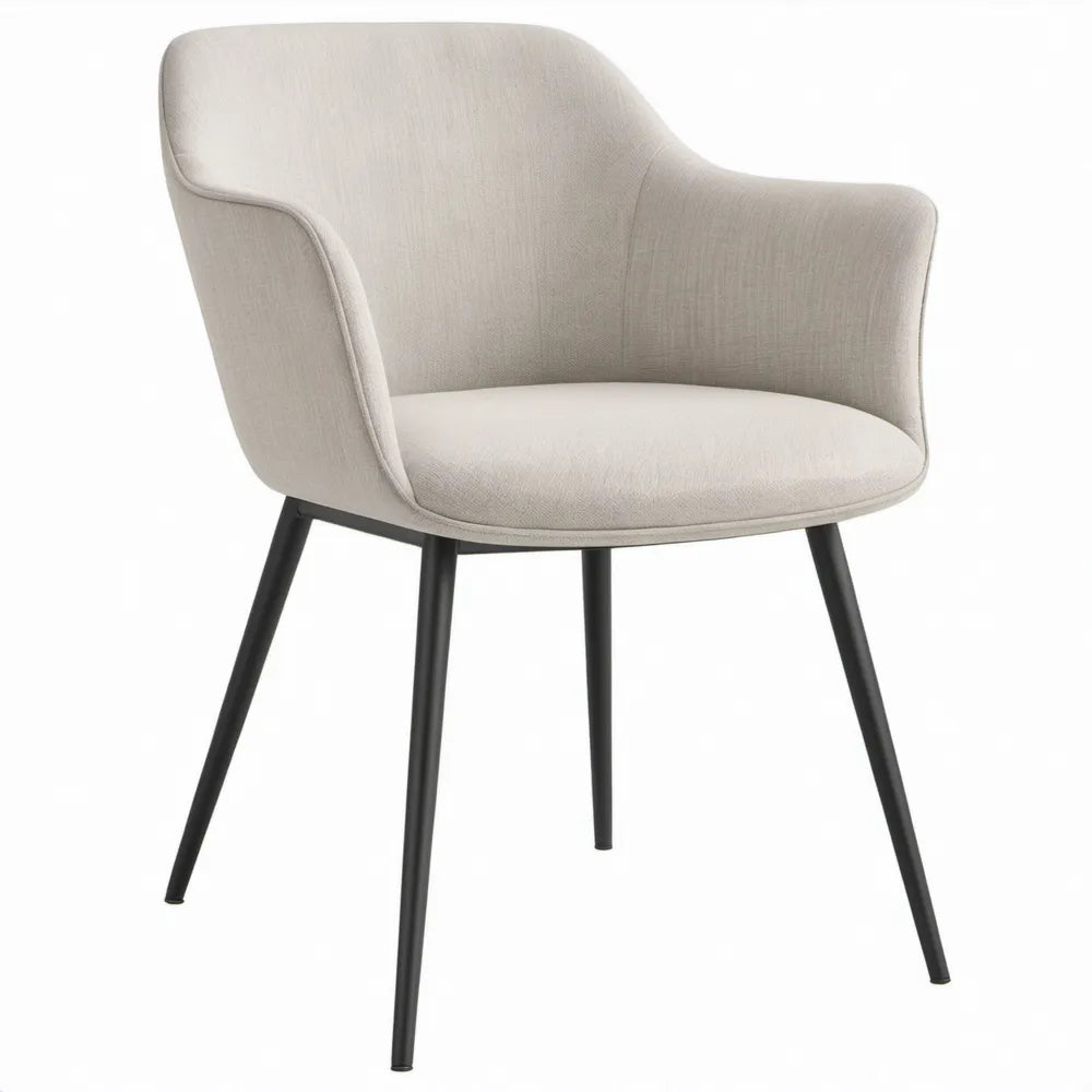 Beige eetkamerstoel met armleuningen en zwarte stalen poten, 58 x 62 x 82 cm