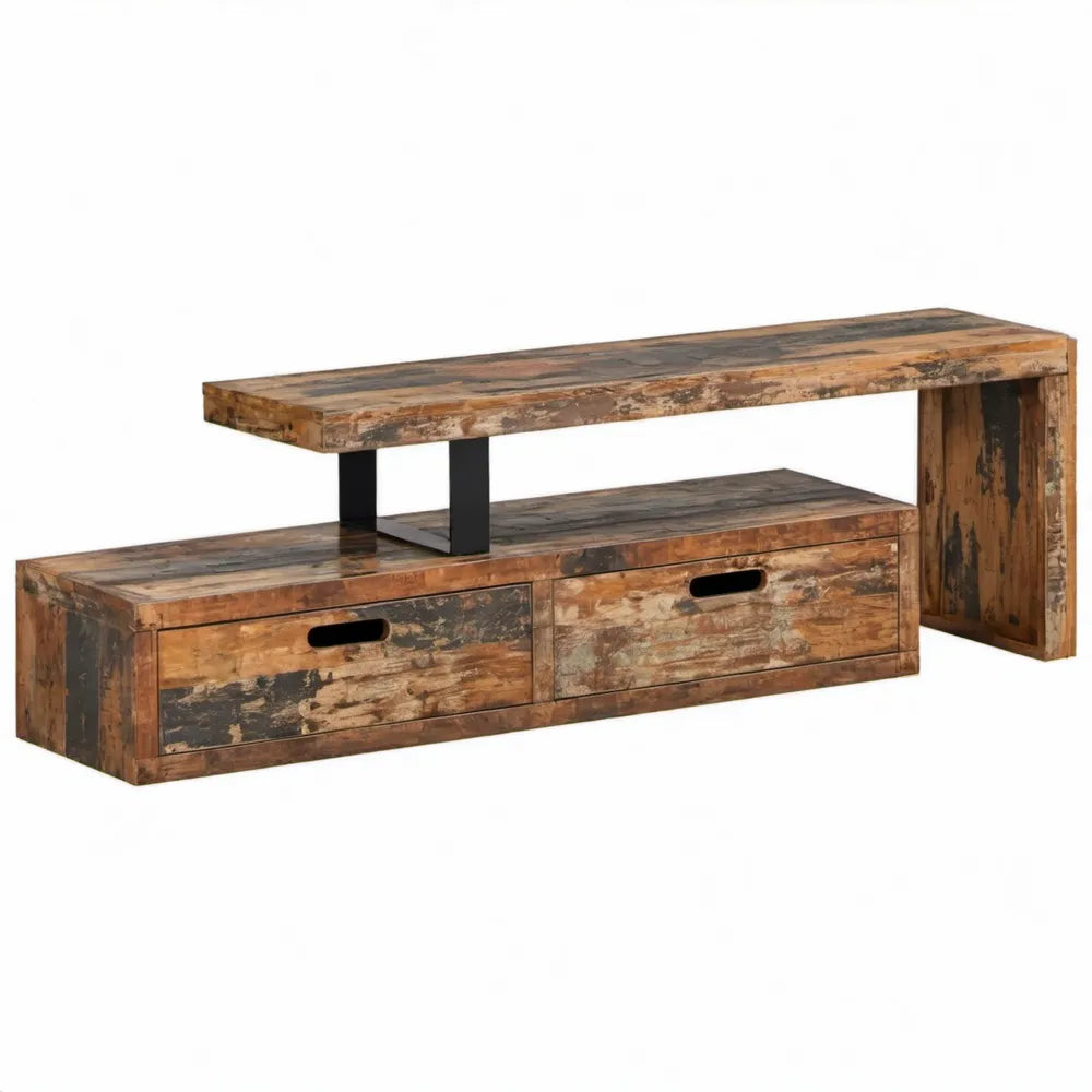 Industrieel tv-meubel met 2 lades en verhoogd blad, 140 x 30 x 80 cm, gerecycled massief hout, bruin/zwart/grijs