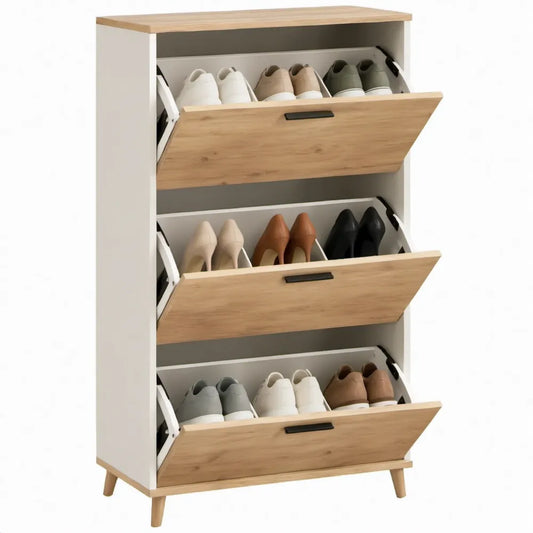 Schoenenkast met 3 kanteldeuren, 80 x 30 x 120 cm, wit en eikenkleurig
