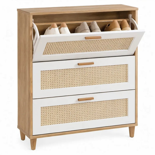 Schoenenkast 80 x 30 x 110 cm met 3 kantelvakken in wit, eikenkleur en naturel